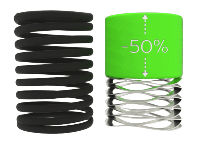 3D render comparing a wave spring and a coil spring, showcasing the distinct structural differences: the wave spring features compact, flat waves for efficient space usage, while the coil spring has a classic cylindrical helical form
