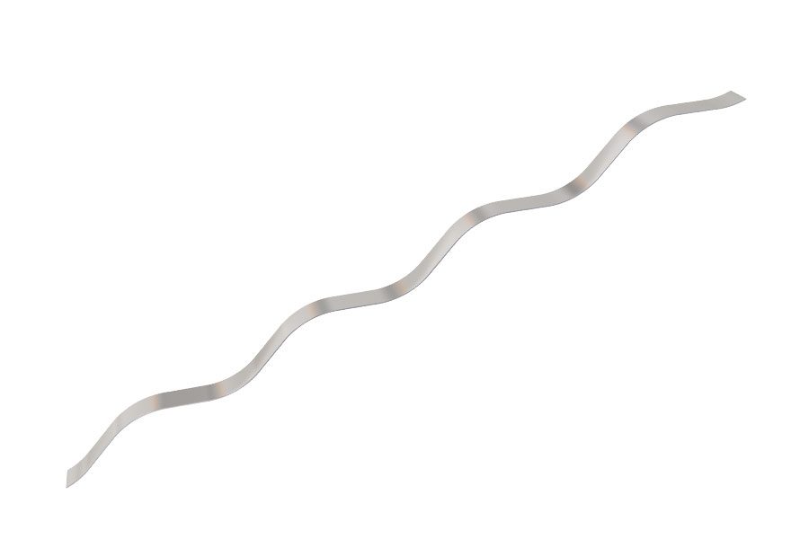 3D render of a stainless steel linear wave spring, depicting a streamlined, elongated wave form designed for even force distribution and reduced space usage in linear applications